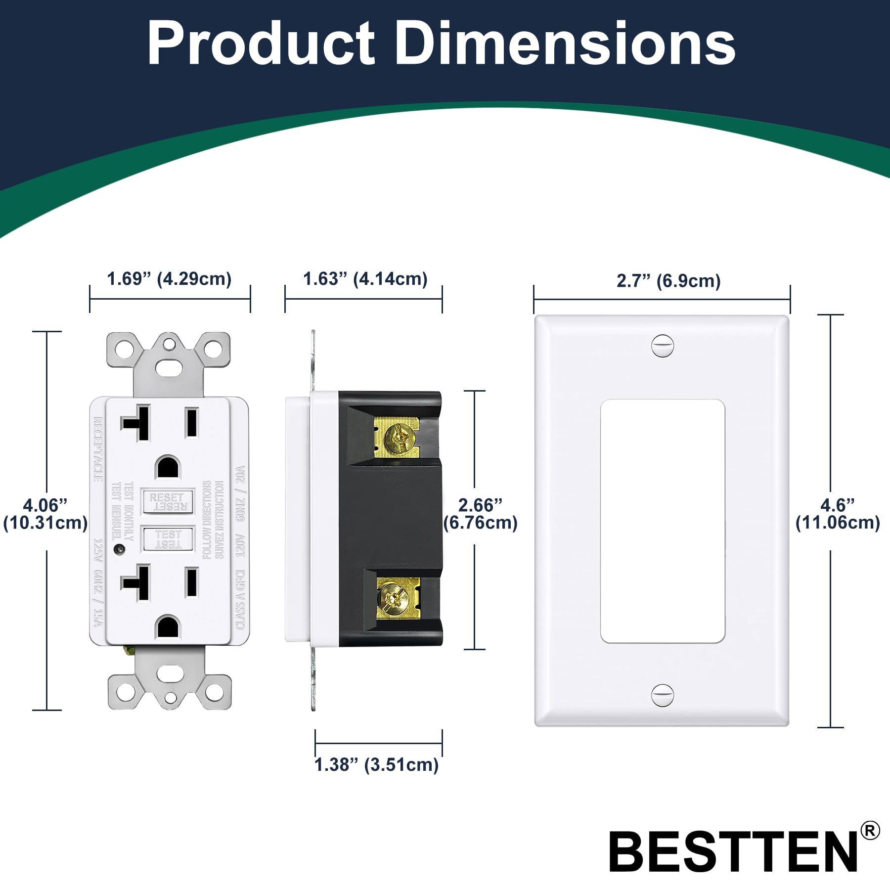 BESTTEN [10 Pack] 20 Amp GFCI Outlet, GFI Outlet with LED Indicator, Ground Fault Circuit Interrupter, Non-Tamper-Resistant, Wallplate Included, ETL Certified, White