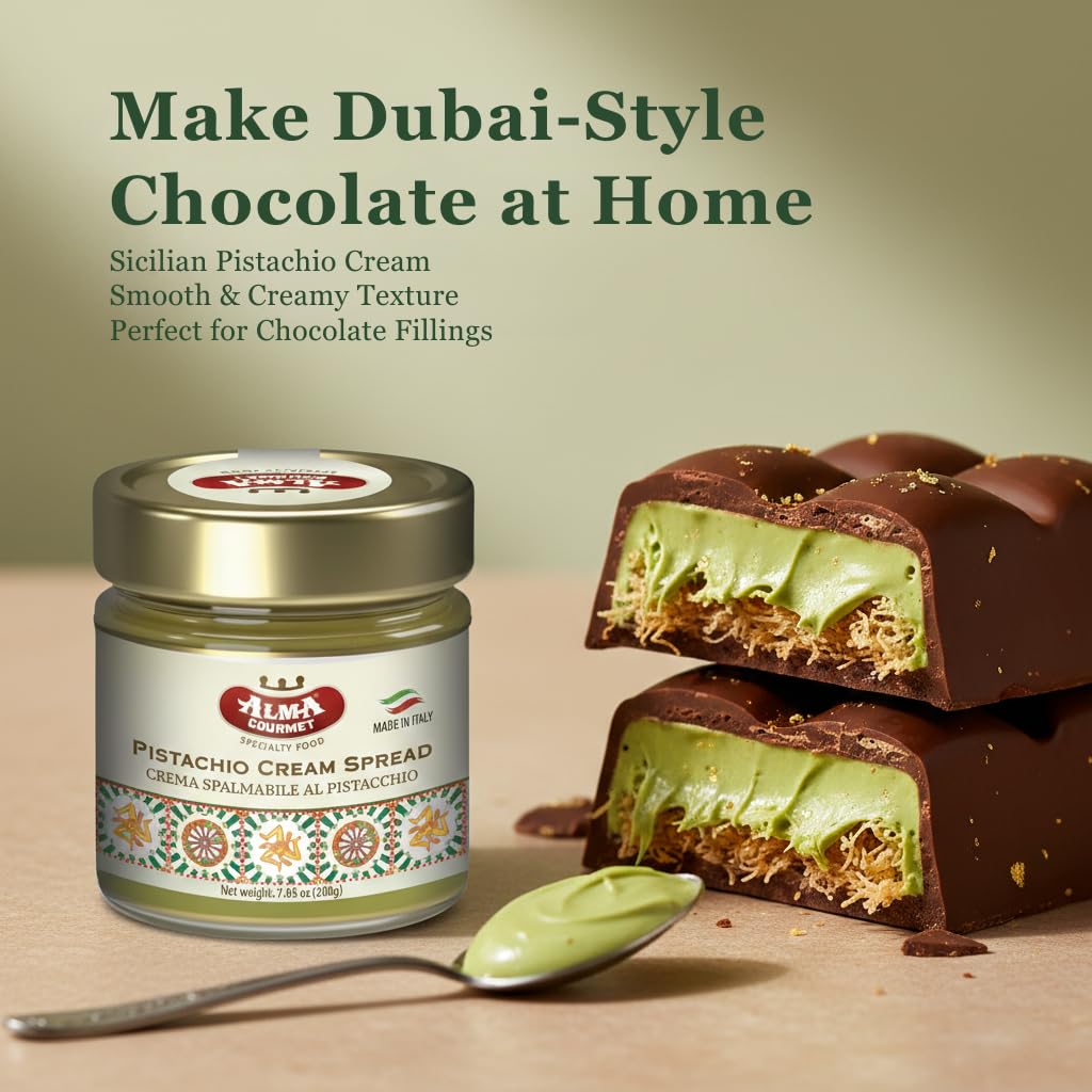 Alma Gourmet Sicilian Pistachio Cream Spread - Pistachio Spreadable Cream Imported from Italy - Ideal to Spread on Bread, Biscuits, Waffles, Pancakes, Croissant, Cookies, Muffins and Crepes - Perfect to Garnish Ice Cream, Frappé, Cakes and Cheesecakes - 7.05oz (200g) (Pack of 3)