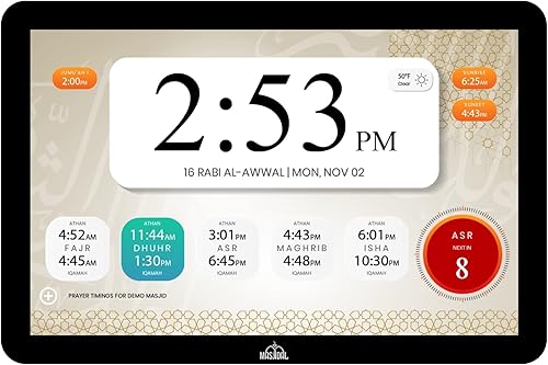 Masjidal Reloj digital de 10" con azán WiFi, pantalla táctil dinámica, tiempos de oración en todo el mundo, reproductor completo del Corán, arte