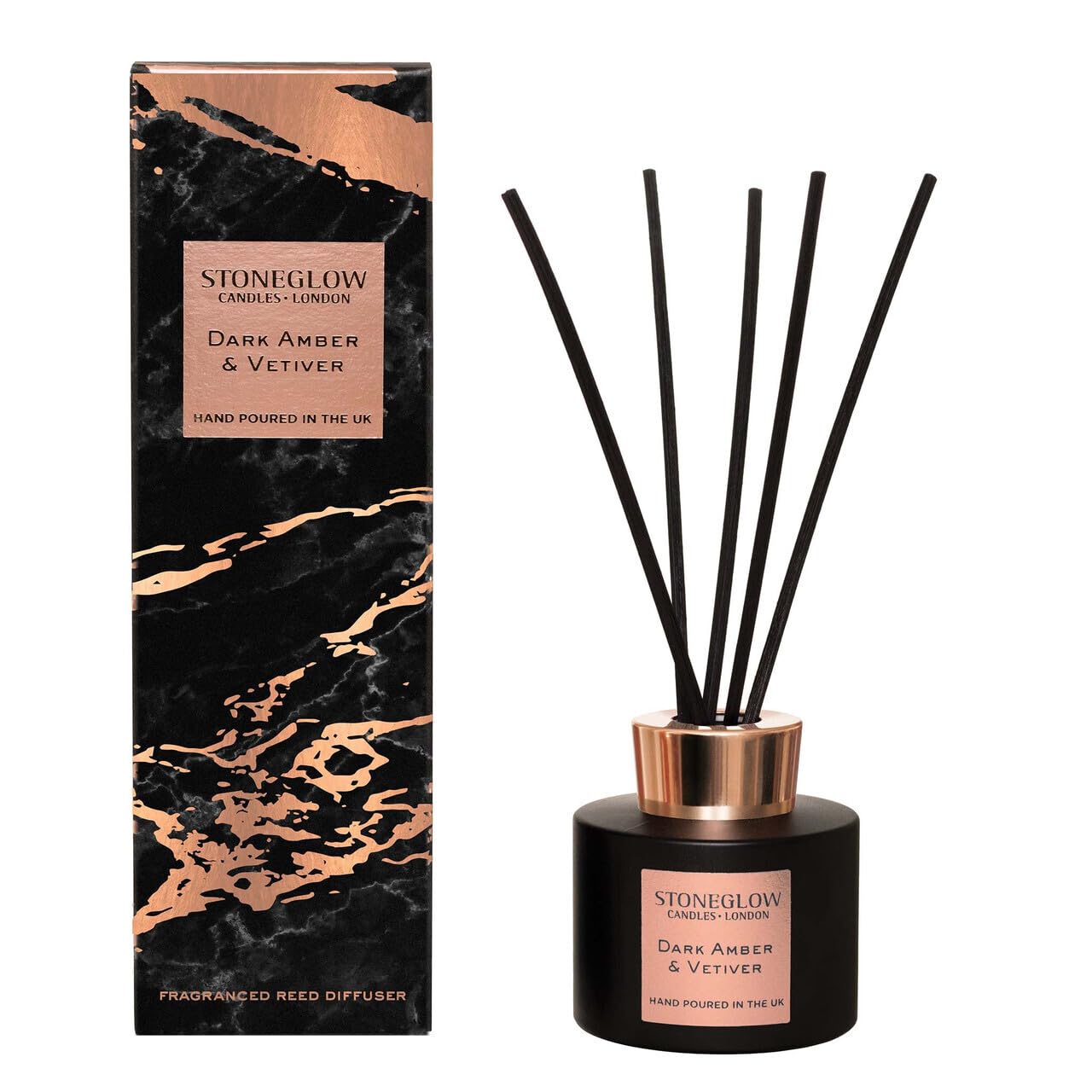 Stoneglow Black & Gold Luna Collection Black Pepper & Juniper Scented Reed Diffuser 120Ml – Cedarwood, Sandalwood & Nutmeg Scents, Lasts 10 Weeks, 10 Rattan Reed Diffuser Sticks, Refillable Home Air Freshener