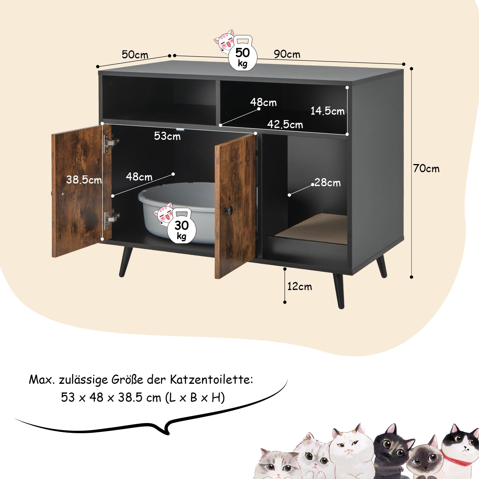 GOPLUS Katzenschrank aus Holz, Katzentoilette mit Doppeltüren, 2 Fächern & Kratzpad, Katzenklo Schrank für Innenkatzen, Hunde Haustier, 90 x 50 x 70 cm, Braun+Schwarz