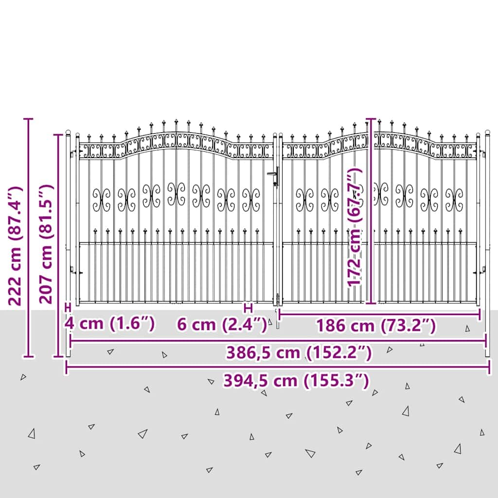vidaXL Puerta de Valla Cancela de Cerca Jardín Patio Granja Entrada Exterior al Aire Libre Punta Lanza Acero Recubierto Negro 406x223cm