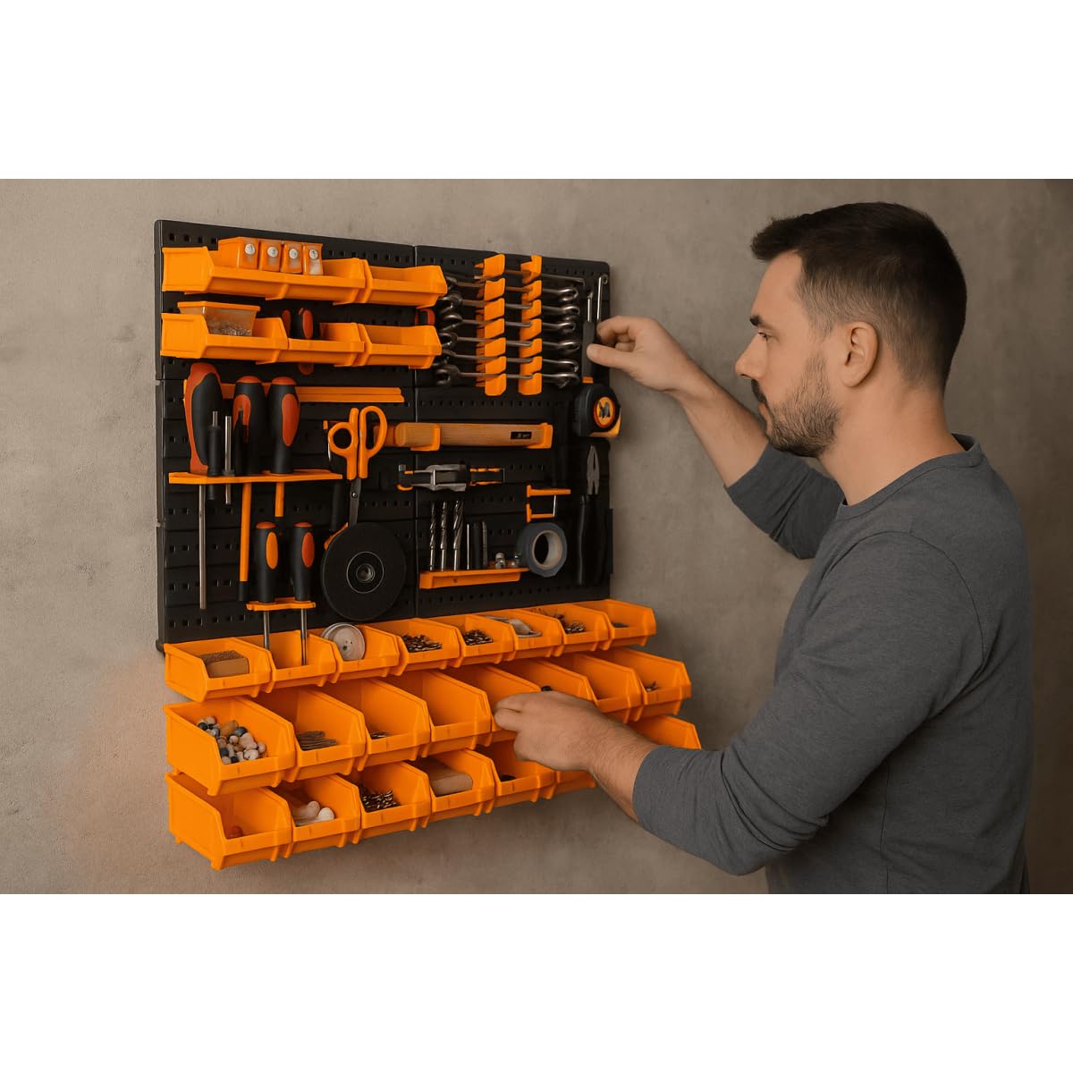 INTEC - Pannello a parete porta attrezzi completo (66 x 78 cm): 4 pannelli perforati, 27 contenitori (piccoli/grandi) e 38 ganci per un laboratorio organizzato