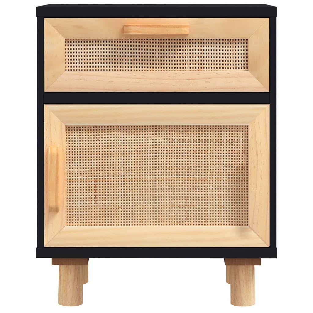 Home & Garden - Comodino in legno massello di pino e rattan naturale, colore: Nero