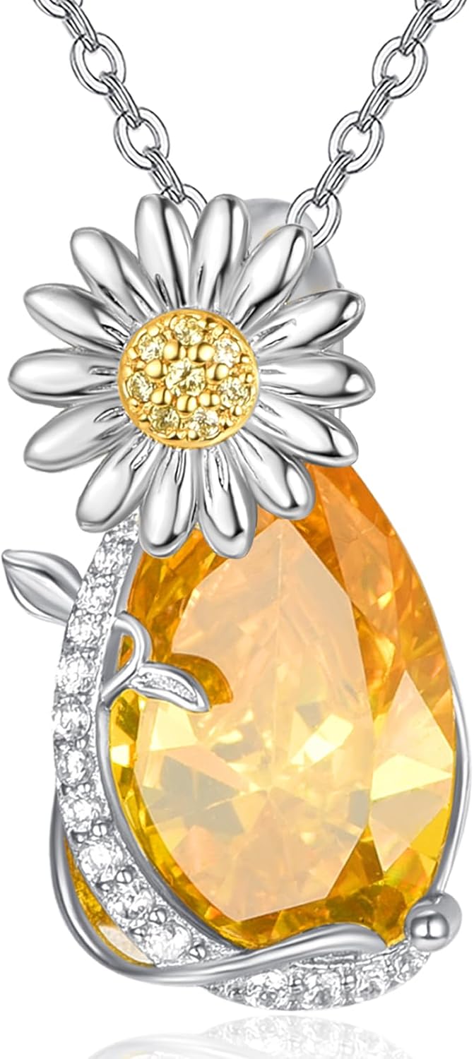 Sunflower Daisy Citrine Necklace for Women 925 Sterling Silver Gold Plated Citrine Flower Jewelry Christmas Anniversary Birthday Gifts for Mom Wife Grandma