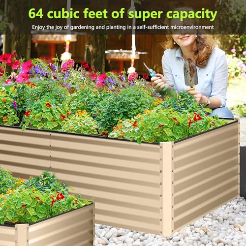 soges Raised Garden Bed,8 x 4 x 2 Ft Elevated Galvanized Planter Box Stand with 3 Ground Stakes&Rubber,Outdoor Above Ground Planter Extra Large Garden Box Kits for Garden, Patio, Backyard,Beige by soges - Image 4