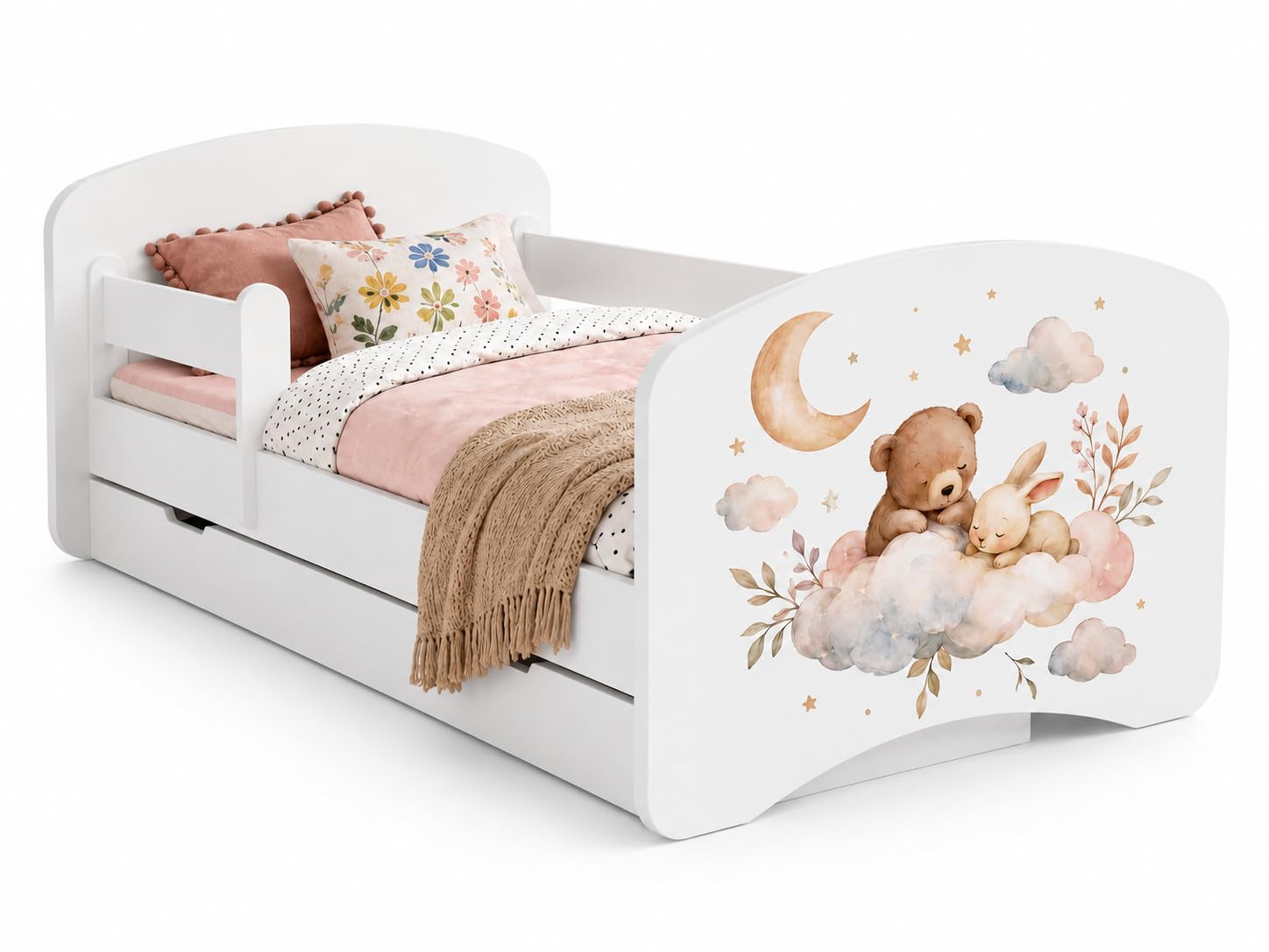 Happy Babies Kinderbett 144x82 cm Weiß | Motiv Bär & Hase mit Regenbogen | Komplett-Set inkl. Matratze & Schublade, Teddybären für Mädchen (Nr 462)