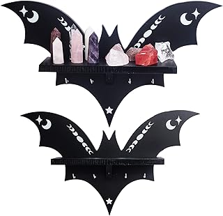 SEREIINO Bat Shelf - Spooky Goth Hanging Shelf with Hooks for Oddities and Curiosities - Gothic Halloween Wall Decor for Kitchen and Bedroom - Crystal Shelf for Display - Witchy Gifts for Women