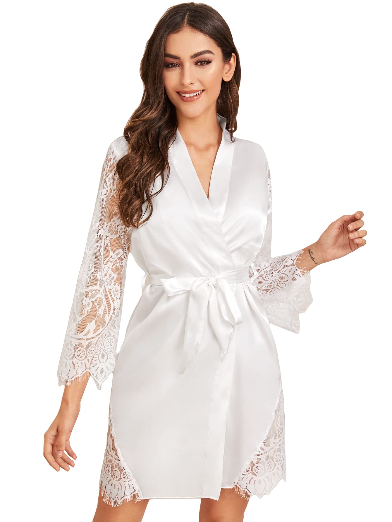 SHEINWomen's Long Sleeve Floral Lace Satin Belted Robe Kimono Nightgown