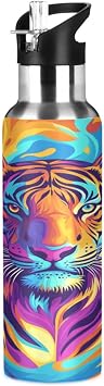 Colorful Tiger Sports Water Bottle with Straw Lid Boys Girls Vacuum Insulated Water Flask Leakproof Stainless Steel School Sport 20 Oz
