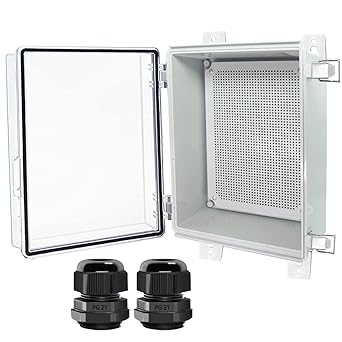Otdorpatio Junction Box, Hinged Clear Cover Stainless Steel Latch IP67 Waterproof ABS Project Box with 2 PG21 Cable Gland,Electrical Box Enclosure with Mounting Plate & Wall Bracket 13.8x9.8x5.9inch