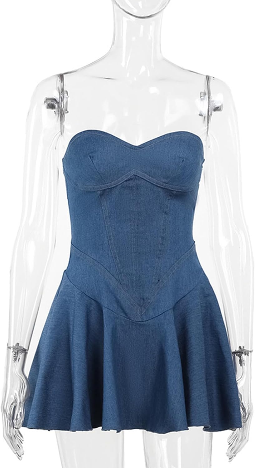 SEMATOMALA Women's Strapless Tube Top Flared Denim Mini Dress A-Line Ruffle Off Shoulder Pleated Skater Jeans Dresses - Image 5