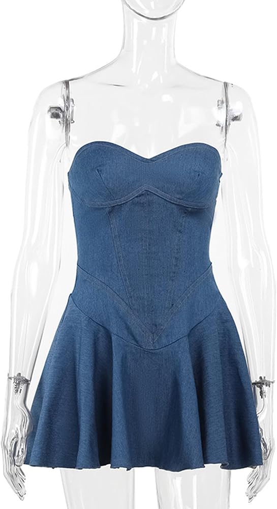 Amazon.com: Sexyshine Women's Strapless Tube Top Flared Denim Mini Dress  A-Line Ruffle Hem Off Shoulder Pleated Skater Jeans Dresses(26759BE,S) :  Clothing, Shoes & Jewelry