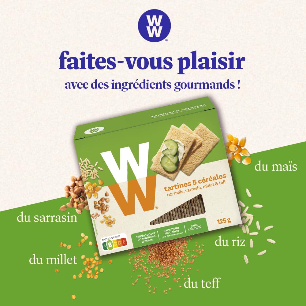 WW Tartines 5 Céréales, Faible teneur en matières grasses, Sans huile de Palme, 1 boîte, 125g, 220283