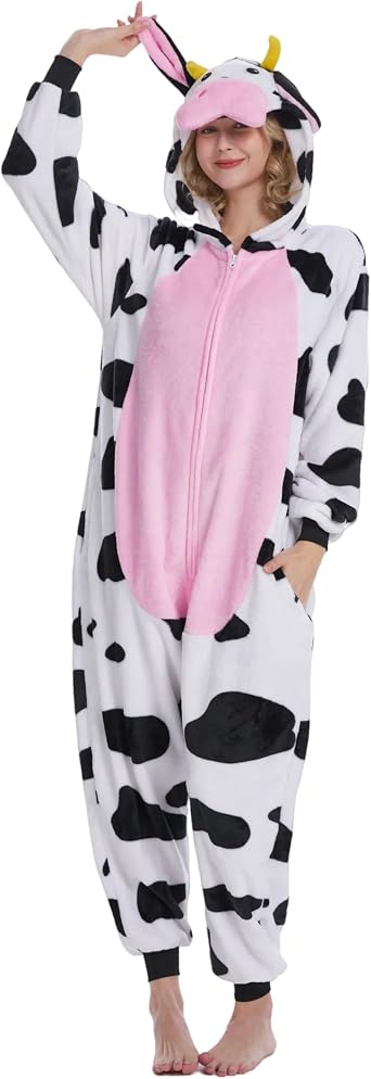 Adult Onesie Halloween Costume, Pajamas for Men and Women | Zip up plush fabric one piece animal loungewear with pockets, ideal for cosplay and relaxing.