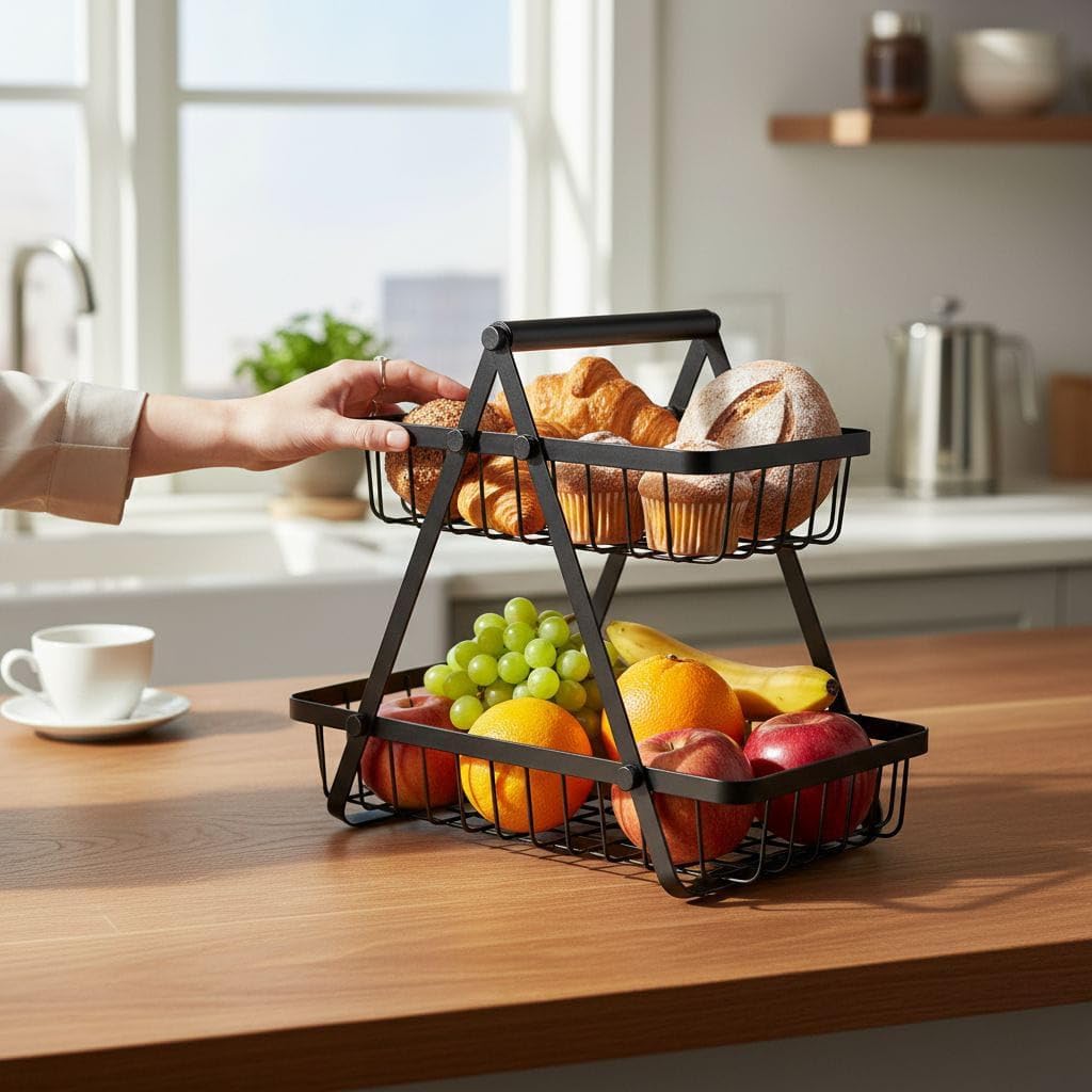 Fruit Basket 2-Tier Fruit & Vegetable Basket for Dining Table, Centre Table , Metal Fruit Bowl , Vegetables Storage Organizer Holder I Multi-Purpose Basket for Kitchen & Home