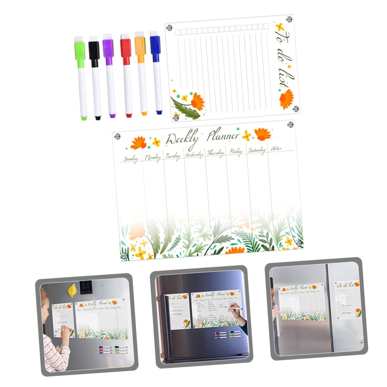 NUOBESTY Lavagna Magnetica per Frigorifero A3+a4 in Acrilico Trasparente, Cancellabile a Secco, Calendario Settimanale Magnetico, Promemoria Riutilizzabile per Ufficio, Scuola e Casa, Set