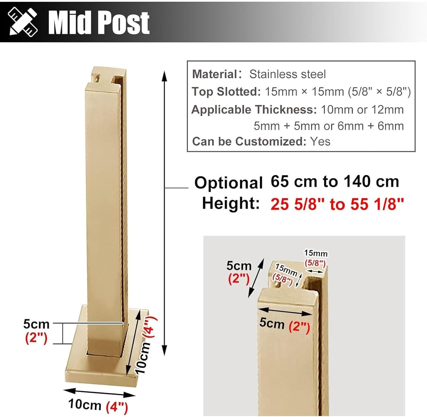 Gold Stainless Steel Glass Railing Post for 3/10-1/2in Panels, Durable Balustrade with Spigot Slots for Indoor/Outdoor Deck & Balcony, 60cm Height (Mid Post)