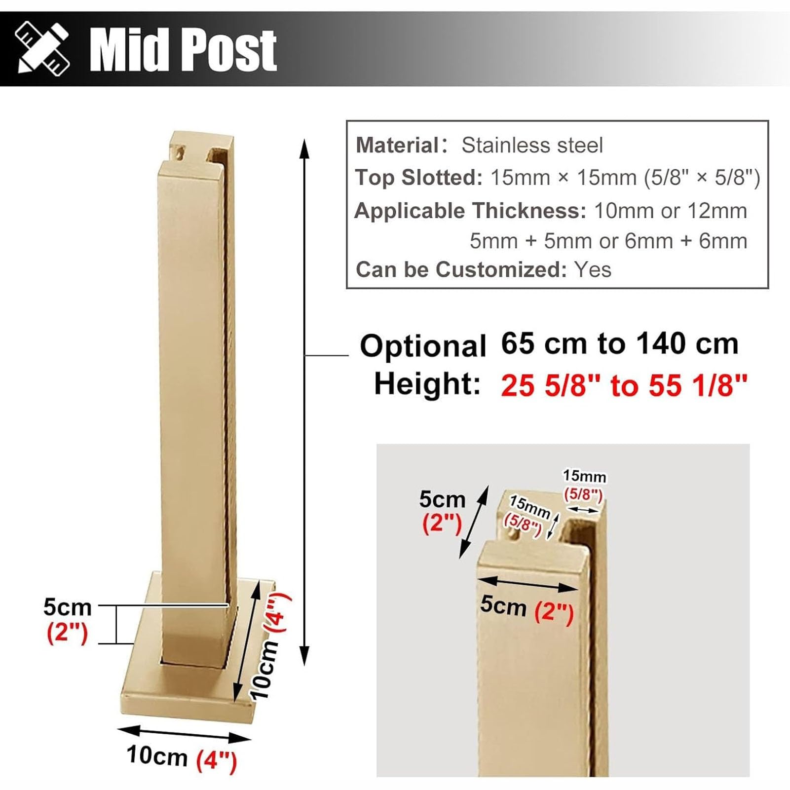 Genérico Sistema de barandilla de Vidrio Cuadrada Dorada, Postes de balaustrada duraderos para Balcones, terrazas, Patios y escaleras, Ranuras para canaletas de Vidrio para Exteriores de 65 cm de alt