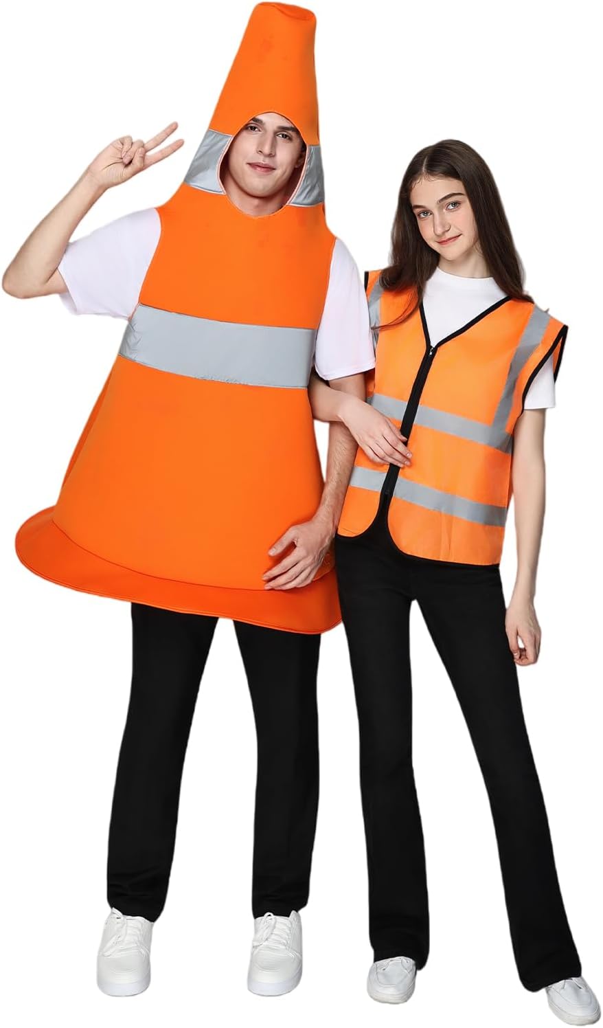 EraSpooky Unisex Adult Traffic Cone Costume Orange Construction Cone Jumpsuit Reflective Safety Vest 2 Pc Halloween Couples Costume One Size Set
