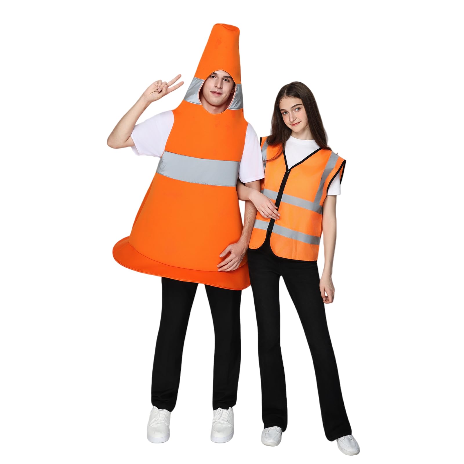 EraSpooky Disfraz unisex de cono de tráfico para adultos mono de cono de construcción naranja chaleco reflectante de seguridad disfraz de Halloween para parejas de 2 piezas, conjunto de talla única