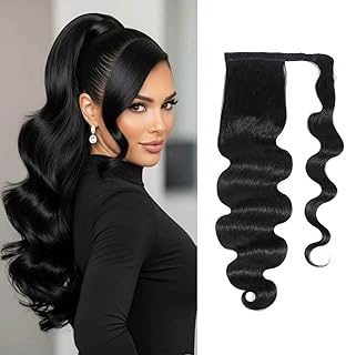Body Wave Ponytail Human Hair for Black Women 100% Brazilian Virgin Human Hair Ponytail with Magic Paste Wrap Around Natural Black Color( 16 Inch )
