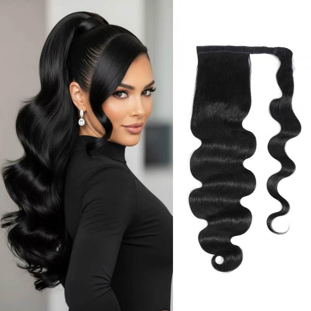 Body Wave Ponytail Human Hair for Black Women 100% Brazilian Virgin Human Hair Ponytail with Magic Paste Wrap Around Natural Black Color（ 20 Inch ）
