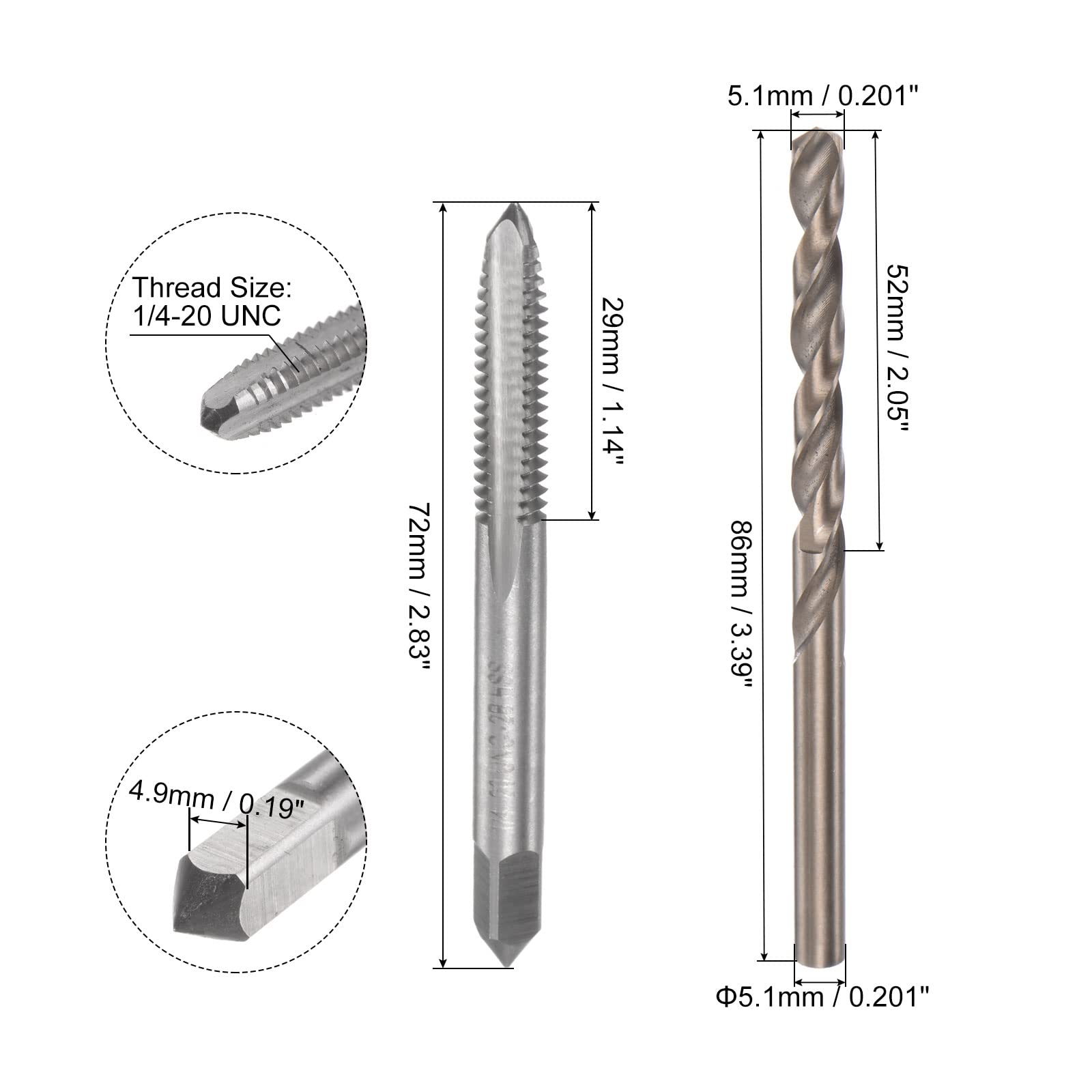 sourcing map Jeu de tarauds et embouts, 1/4-20 UNC 2B, taraud de fraisage à cannelure droite, 5,1 mm M35 en acier rapide (HSS-CO)