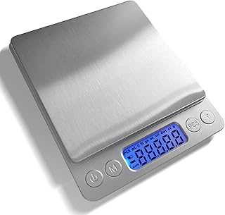 JOEAA Food Scale Digital Weight Grams and Ounces, 0.001oz/0.01g 500g Kitchen Scale for Food with Backlight LCD Display, Tare, 9 Units, Auto Off, 2 Trays, Batteries Included - Stainless Steel