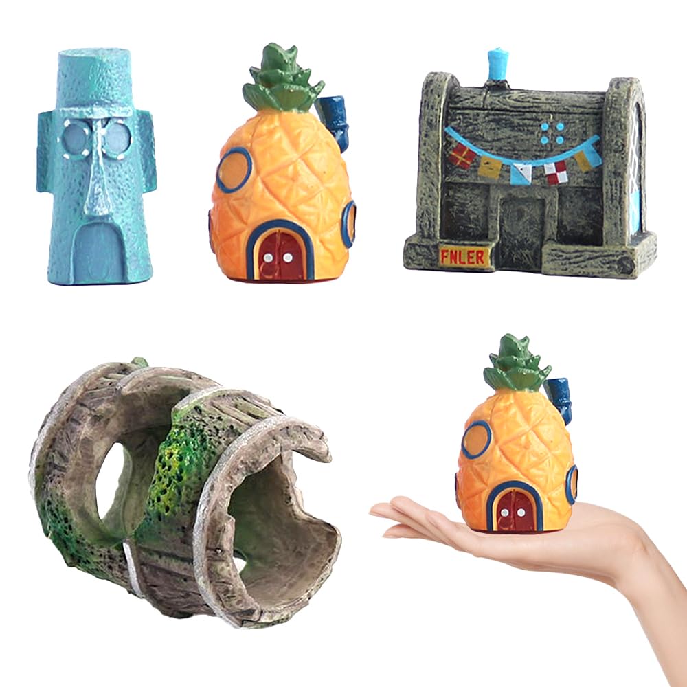 LUFEIS Decoracion Acuario, 4 Piezas Adornos para Acuarios, Decoración de Acuario, Bob Esponja Decoración para Acuario, Adorno de Casa de Piña Pecera, para Acuarios y Decoración del Hogar