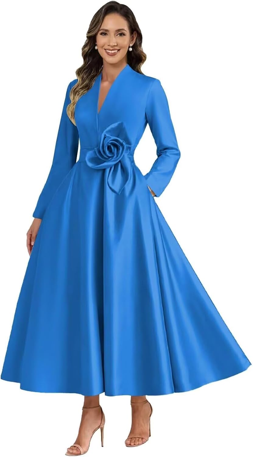 Long Sleeve Satin Mother of The Bride Dresses for Women Tea Length 3D Flower Formal Evening Gowns with Pockets