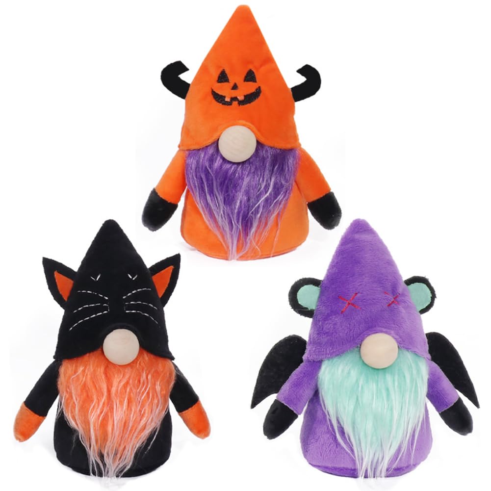 GlibberToy 3-Pack Halloween Gnomes Plush Decor – Pumpkin Devil, Black Cat & Bat Vampire Gnomes, Handmade Figurines for Halloween, Fall Harvest, Tiered Tray & Home Decor