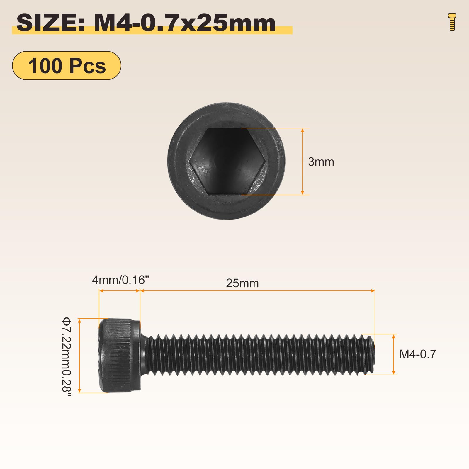 METALLIXITY Socket Head Cap Screws(M4-0.7x25)100Pcs, Carbon Steel Allen Socket Drive Metric Oxide - Image 2