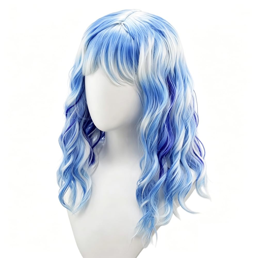 Haarpflege Blau-weiße Ombre-Perücke Lang Gewellt Mit Mehrfarbigen Strähnen Volle Ponyfaser Für Tägliche Cosplay-Party-Looks