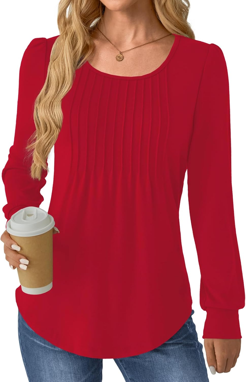 Women Long Sleeve Shirts Fall Tops Dressy Pleated Scooped Neck Tunic Tops for Leggings S-3XL - Image 4