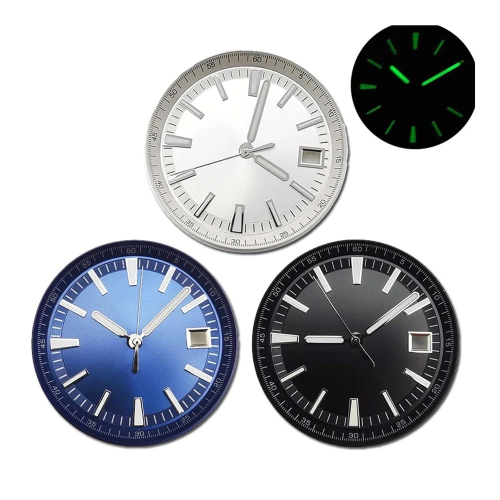1 zestaw tarcz zegarka 33 mm, zielone świecące wskazówki, do mechanizmu NH35/NH36/4R, NH35, srebrny, tarcze mechaniczne