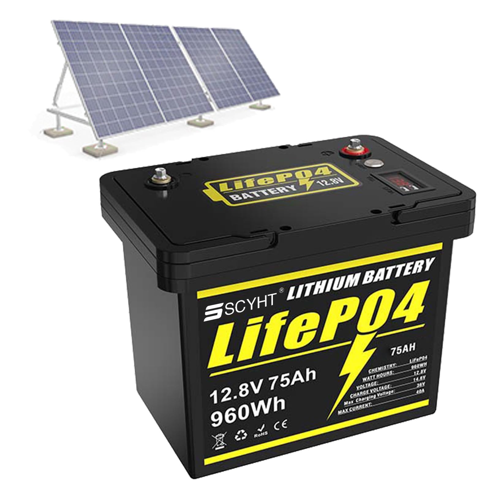Batería LiFePO4 12,8 V Batería de Litio 75 Ah Baterías de Ciclo Profundo 12,8 V Baterías Repuesto para energía Solar con BMS y Pantalla para Motores 250 W a 1000 W.