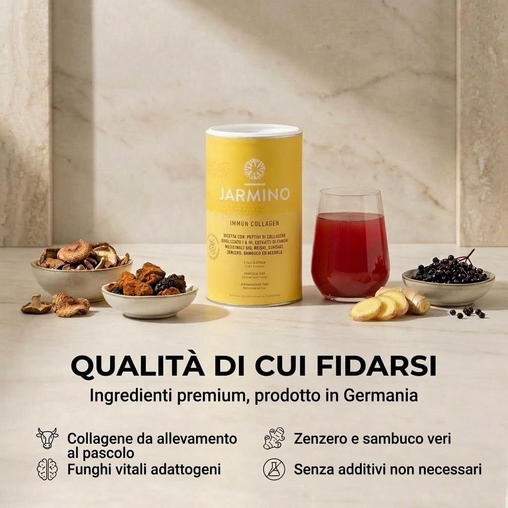 Idrolizzato di collagene con L-Glutammina - Rafforza il sistema immunitario | Vitamina C, D, Selenio, Zinco, Zenzero, Sambuco, Funghi vitali | 450 g di polvere di glutammina | JARMINO