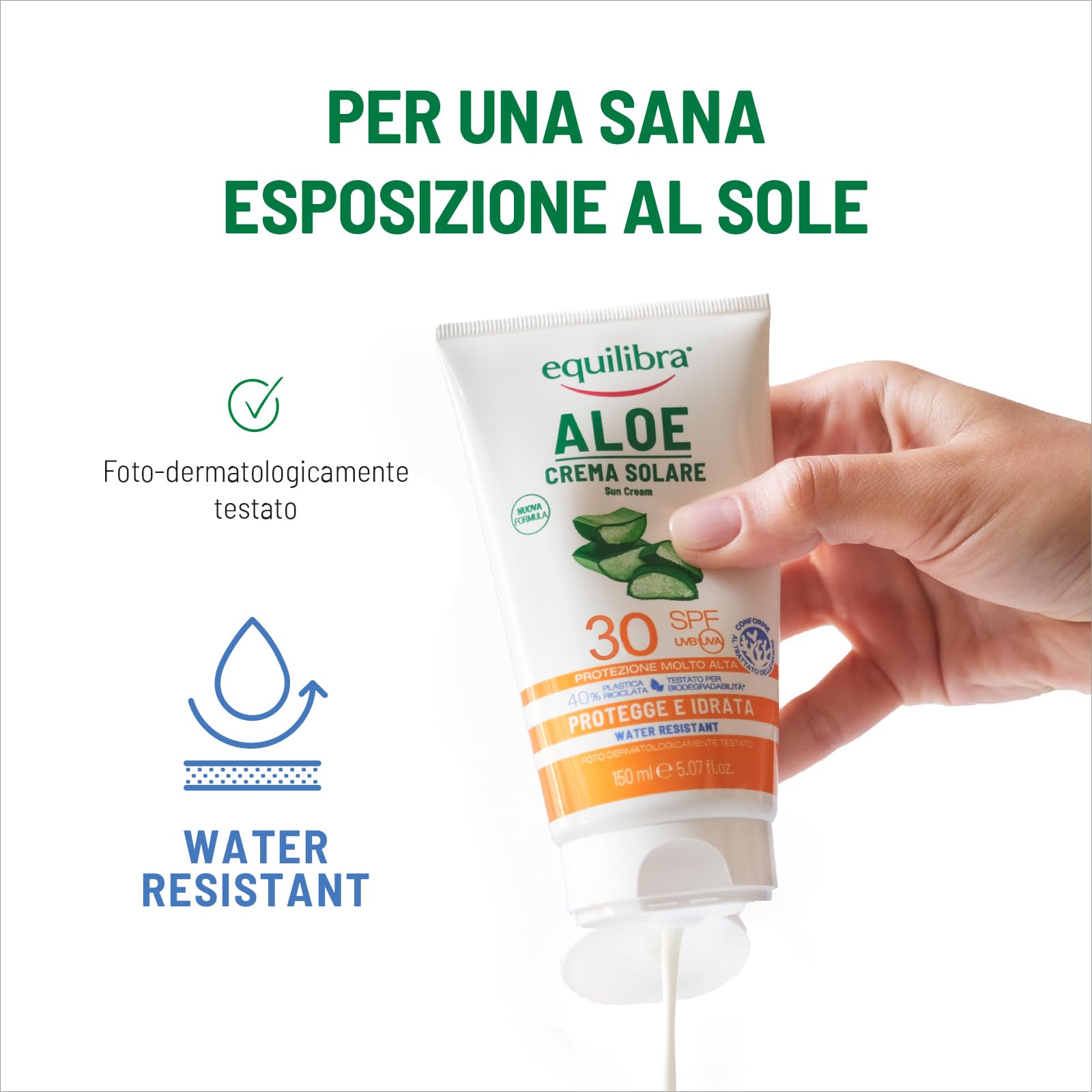 equilibra Solari, Aloe Crema Solare SPF 30 Travel Size, a Base di Aloe Vera, Vitamina C ed E, Olio di Argan, Olio di Cocco e Burro di Karité, Per un'Abbronzatura Sana e Naturale, Water Resistant, 75ml