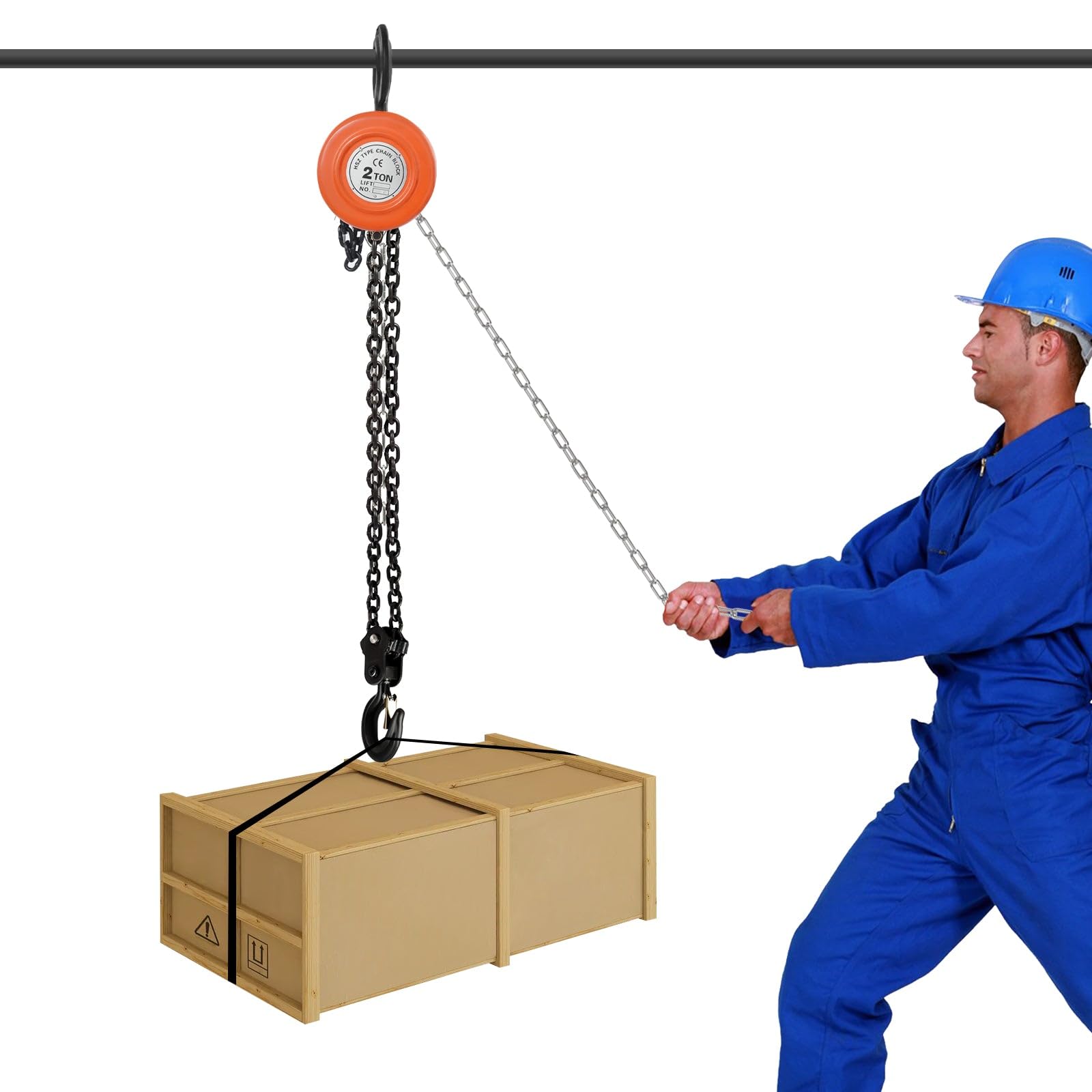 Paranco manuale a catena, verricello manuale, portata 2T, altezza massima di sollevamento 2,5 m, per settori industriali, compreso il trasporto, fabbriche con 3 m di lunghezza della catena arancione