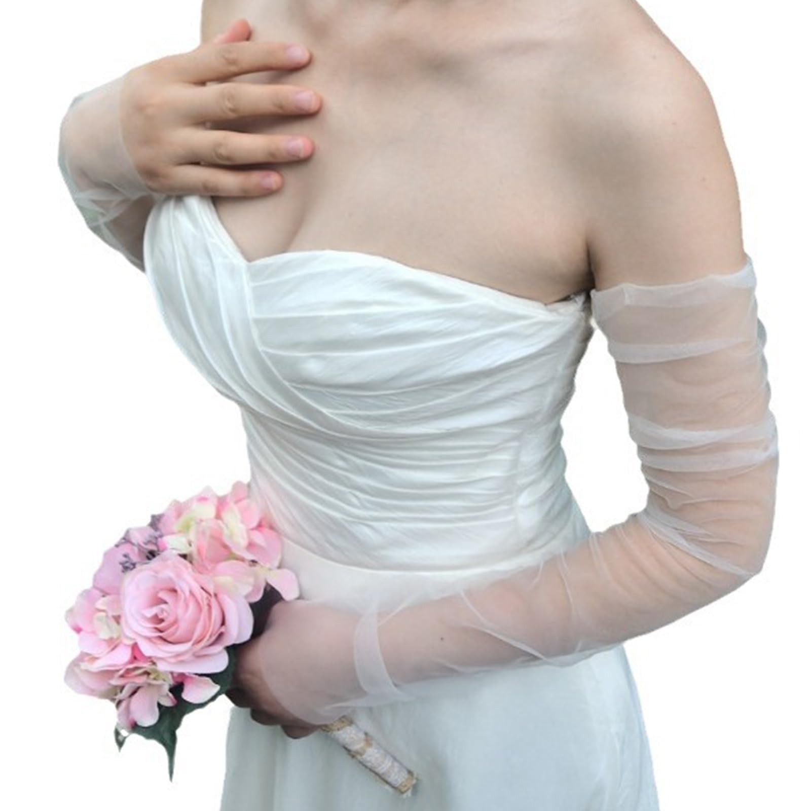 Libgiubhy Women's White Elbow Length Mesh Gloves For Bridal Wear And Special Event Elegant Sheer Gloves Arm Sleeves Fingerless Seethrough