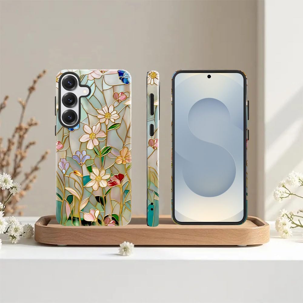 Case for Samsung Galaxy S25,Stained Glass Bloom Flower Phone Case Drop Resistant Glossy 2 in 1 Solid Dual-Layer Cover for Girl Women - Image 6