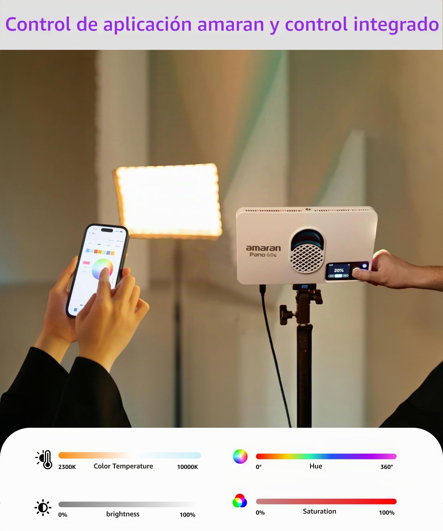amaran Pano 60c Kit 60W RGBWW Full-Color Panel Light with 22,220 Lux @ 0.5m, USB-C PD Powered, Includes Softbox, Grid, Diffuser, Carrying Case for Photography & Video - Blanco