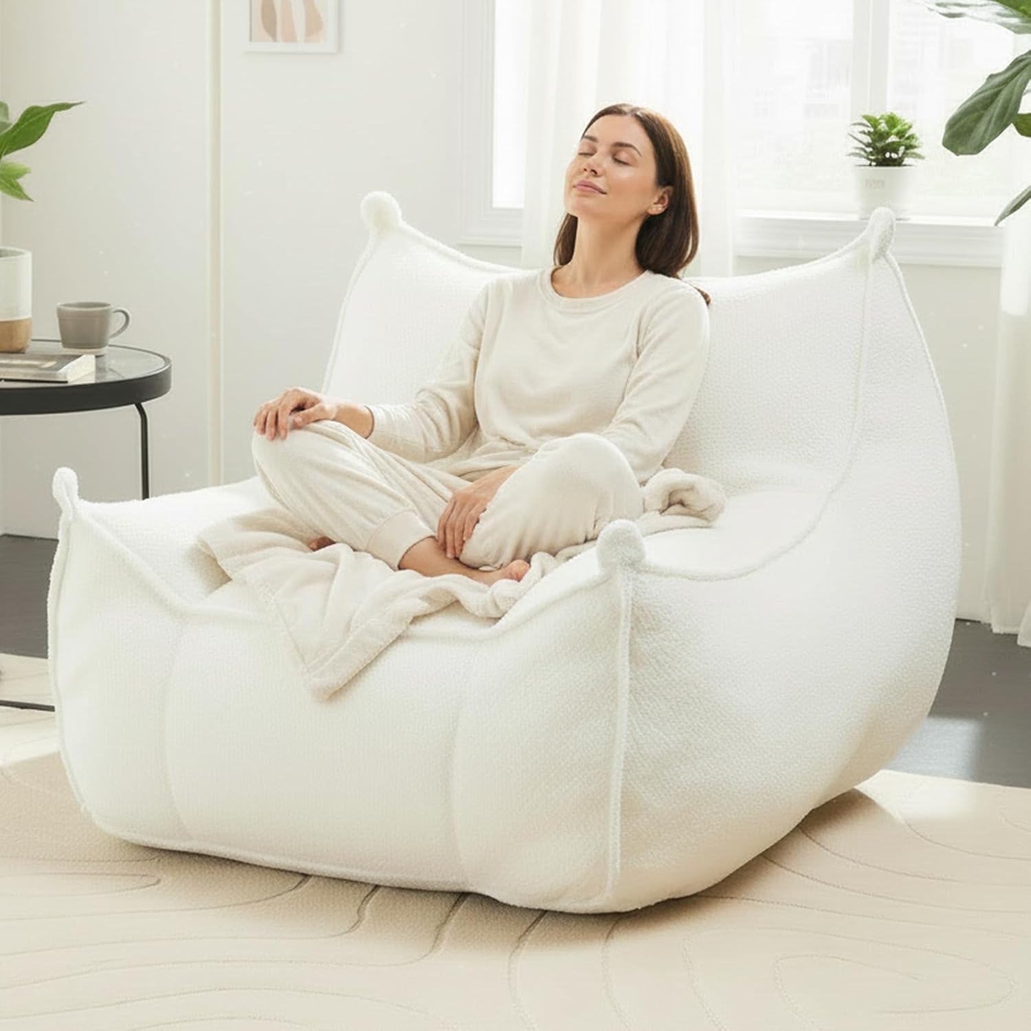 Giant Bean Bag Chair for Adults and Teens, Comfy Beanbag with Plush Fluffy Filling and Back Support, Lounge Lazy Floor Sofa Accent Chair, Cozy Single Cloud Couches for Living Room, Bedroom Dorm, Beige