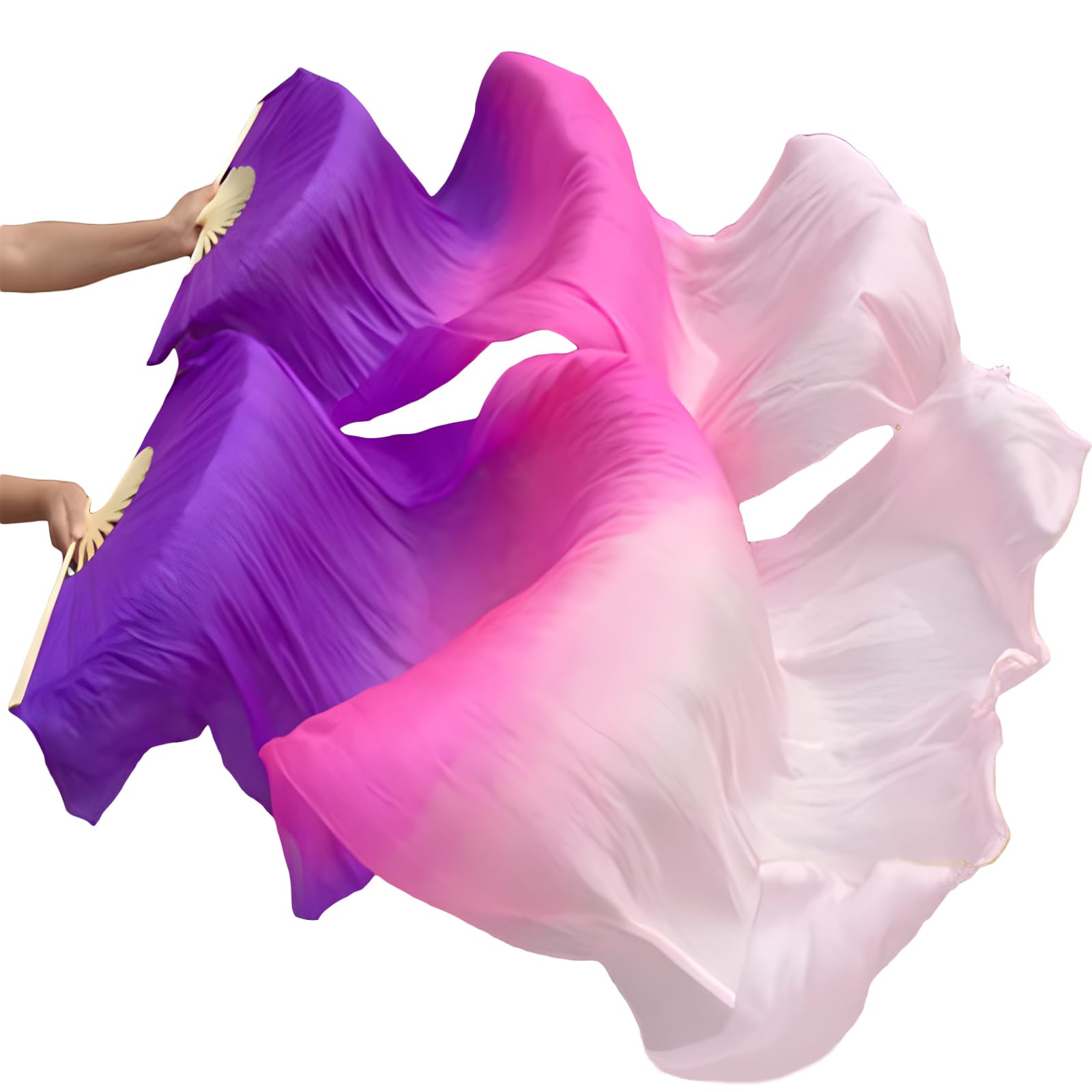 1 Pair Women Real Silk Belly Dance Fan Veils - Handmade Long Bamboo Fans for Professional Dancing 180cm * 90cm (Left+Right)