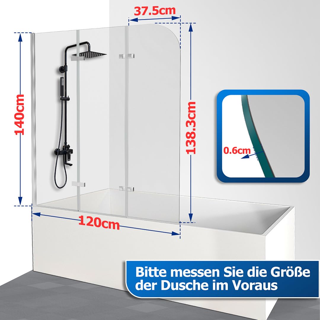 Vasca da bagno 120 x 140 cm, 3 pezzi, pieghevole, per vasca da bagno in vetro di sicurezza ESG da 6 mm, rivestimento nano, girevole a 180°, paraspruzzi, colore: argento