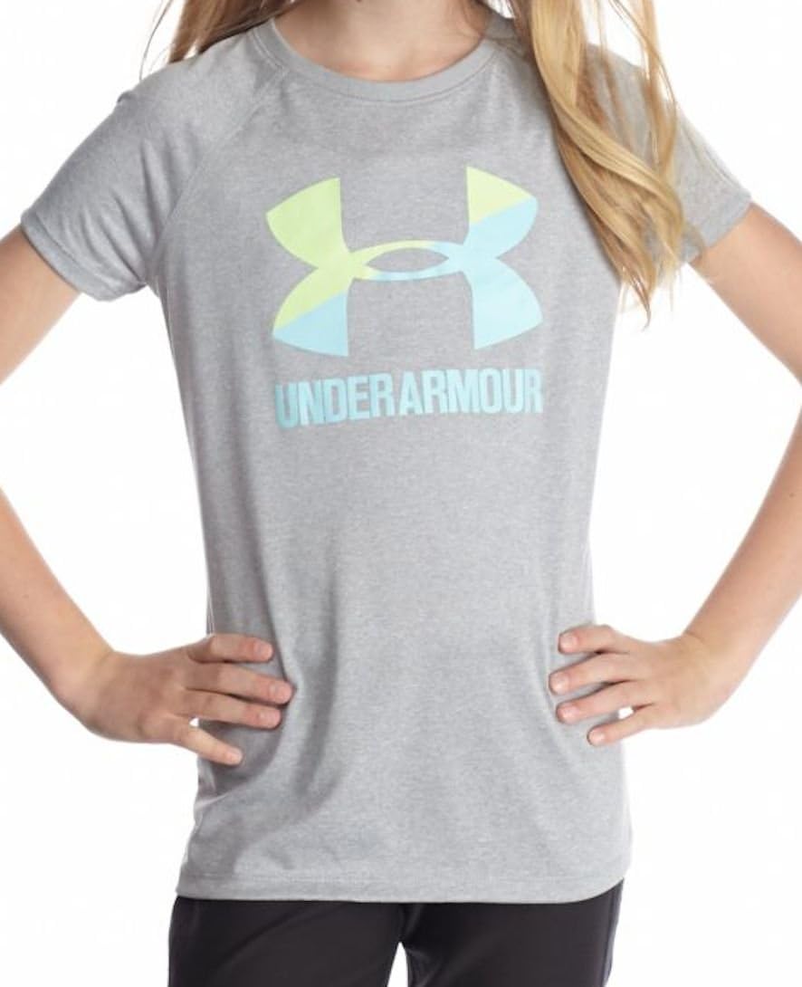 Under Armour Girls Big Logo Tee, Steel Heather/Blue, YS