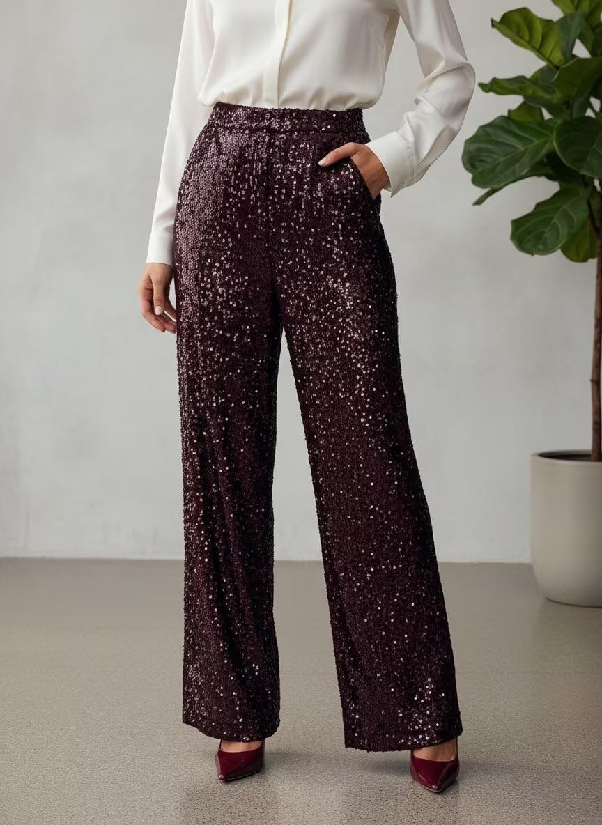 Sparkly Sequin Pants Women Wide Leg Trendy Casual Pants for Women Elastic High Waisted Glitter Prom Trousers