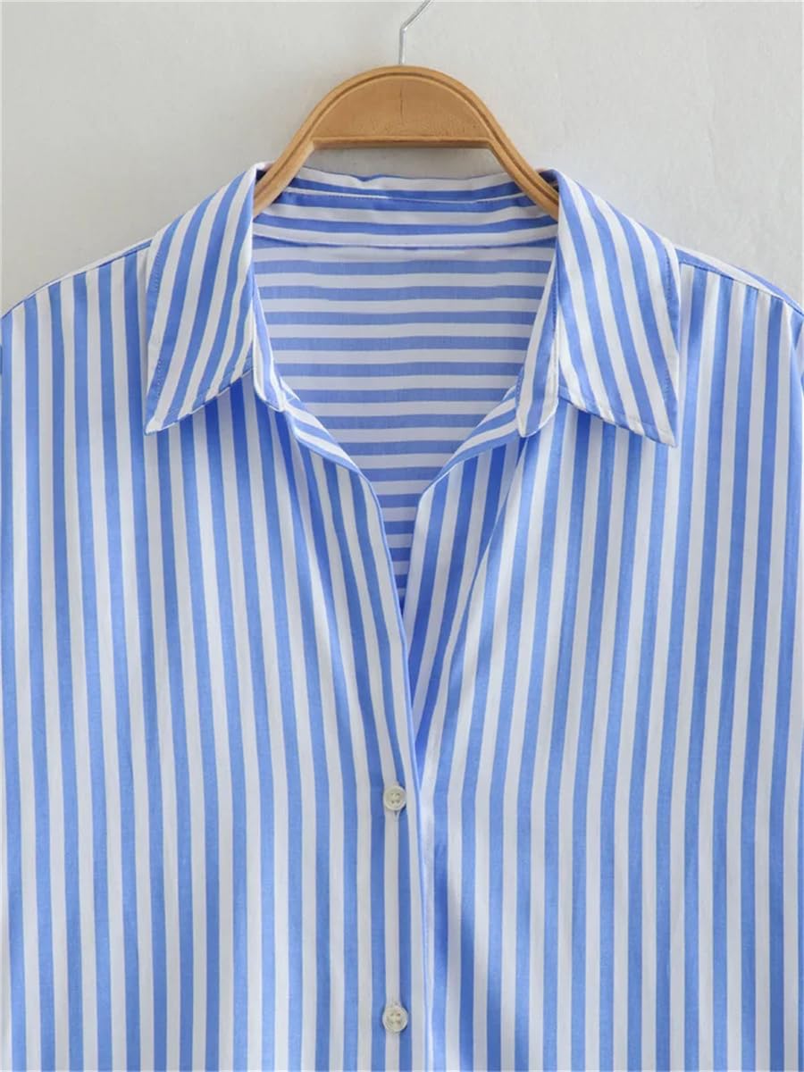 Camisa básica de popelina para mujer, estilo retro, con solapa, manga larga, abotonada, versátil