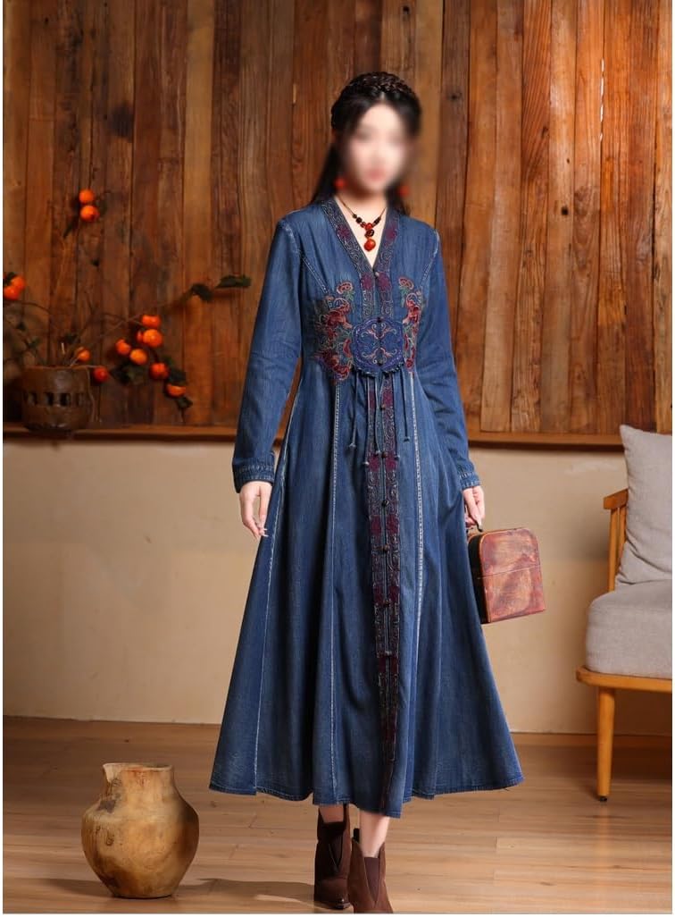 JSEIAJB Autumn and Winter Ethnic Embroidered Dresses, Chinese Denim Long Dresses(2XL)